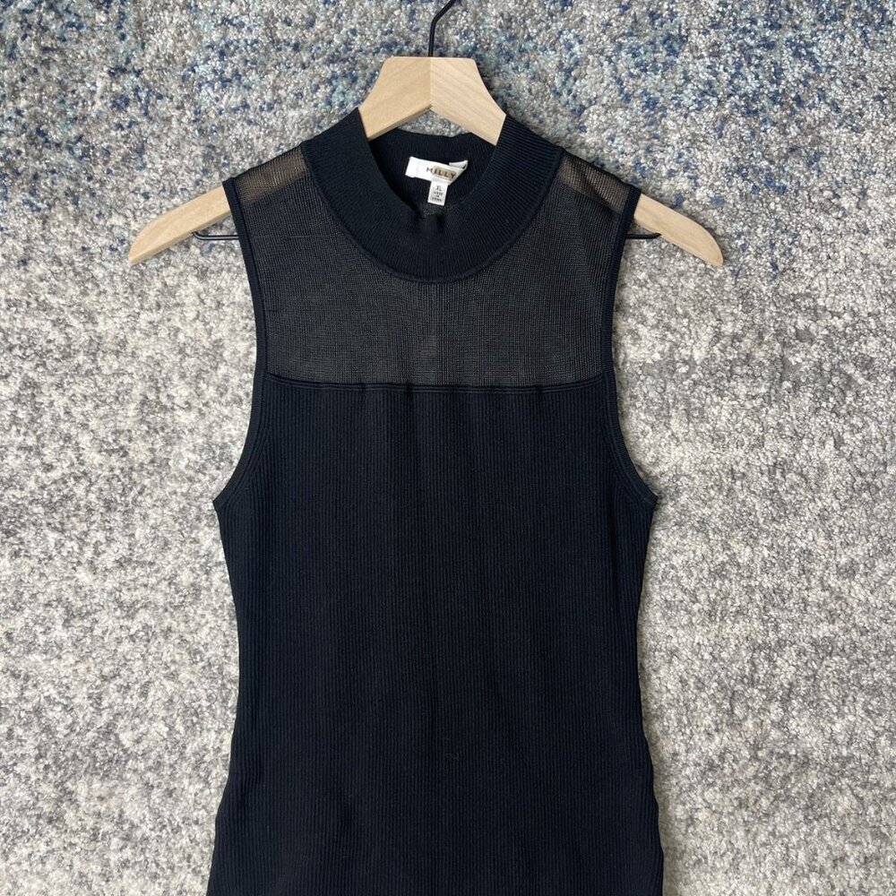 Milly Sleeveless Knit Top Womens XL‎ Black Sheer Panel Mock Neck Fitted Ribbed